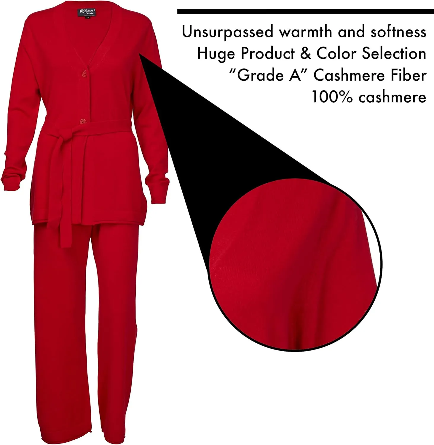 Cashmere Boutique 100% Pure Cashmere Lounge Pajamas Sets for Women - Long Sleeve, Classic Style, Lightweight, Soft and Warm