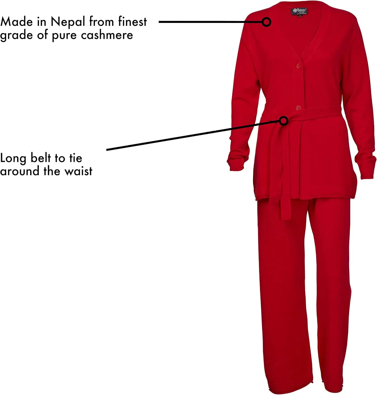 Cashmere Boutique 100% Pure Cashmere Lounge Pajamas Sets for Women - Long Sleeve, Classic Style, Lightweight, Soft and Warm