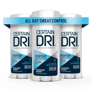 Certain Dri Everyday Strength Clinical Solid Antiperspirant – 72HR Sweat & Odor Protection for Men & Women, Hyperhidrosis Treatment, Fresh Scent, #1 Doctor Recommended, (2.6oz, 3 Pack)