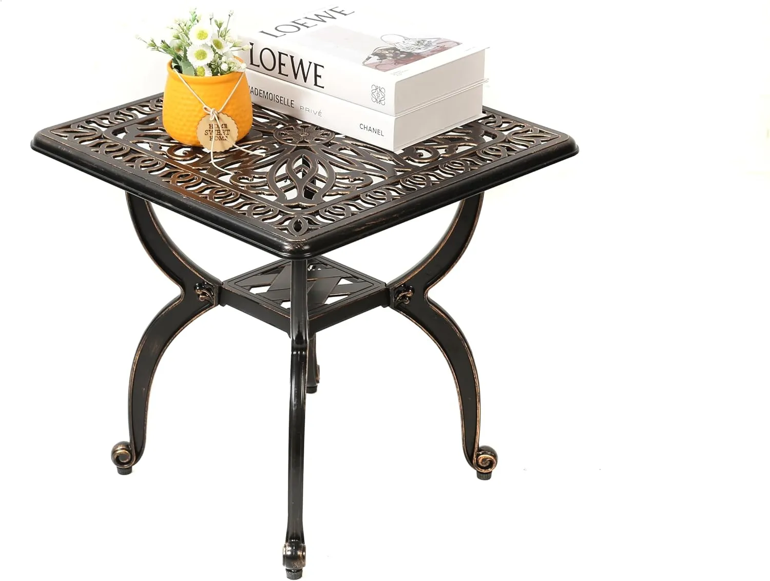 C/G Cast Aluminum Side Table,Decorative Outdoor End Table, Ornate Floral Pattern (Square, Copper)