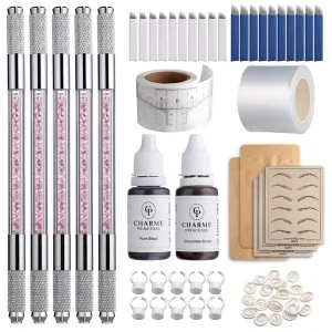 Charme Princesse Microblading Pen Kit Double Sided Manual Pen Kit with 20Pcs Needles Pigment Practice Skin Eyebrow Ruler Ring Cup for Permanent Makeup Supplies EK910S20-1