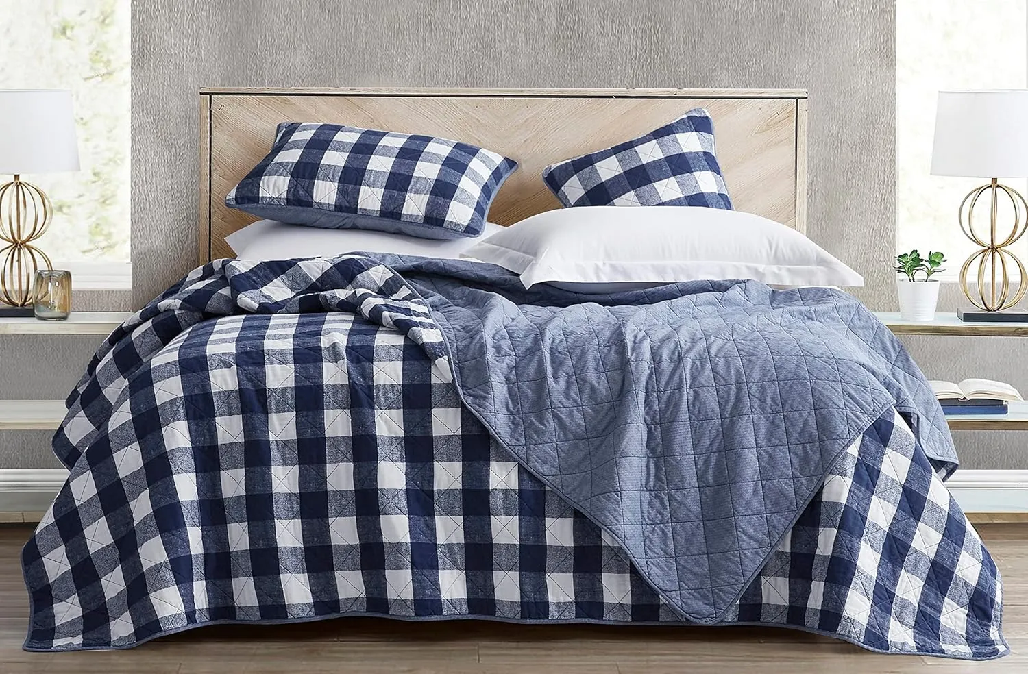 Chezmoi Collection 3-Piece Blue White Plaid Cotton Quilt Set - Buffalo Check Solid Reversible Bedspread - Pre-Washed Cotton Lightweight Coverlet, Queen Size