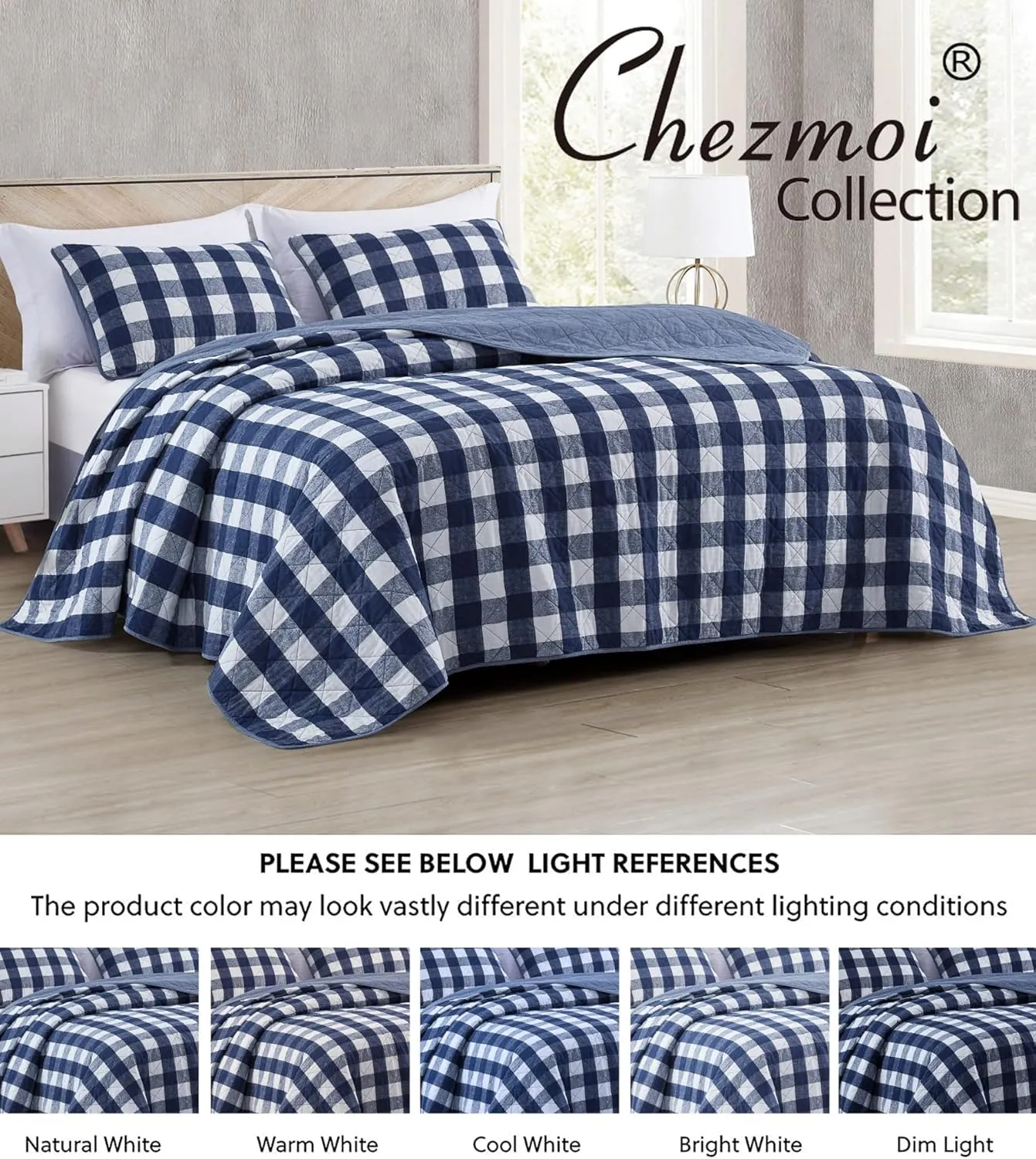 Chezmoi Collection 3-Piece Blue White Plaid Cotton Quilt Set - Buffalo Check Solid Reversible Bedspread - Pre-Washed Cotton Lightweight Coverlet, Queen Size