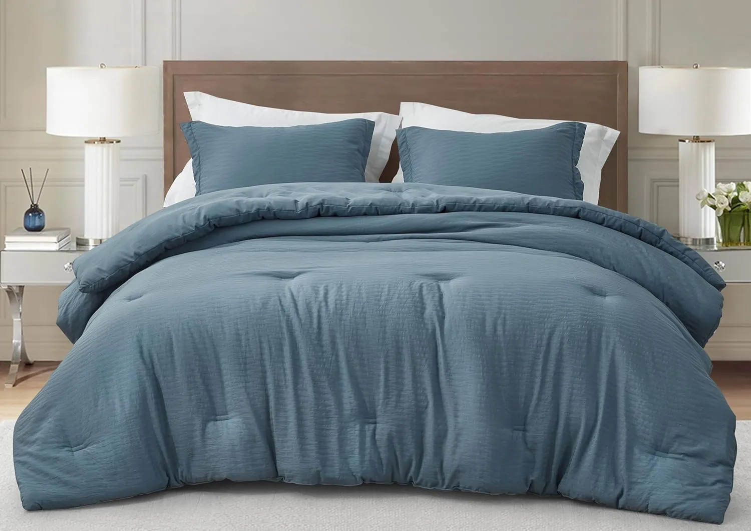 Chezmoi Collection Calvin 3-Piece Jacquard Comforter Set Full Size, Blue Textured Woven Lightweight Comforter Bedding for All Season (1 Comforter 86x86 inches, 2 Shams)