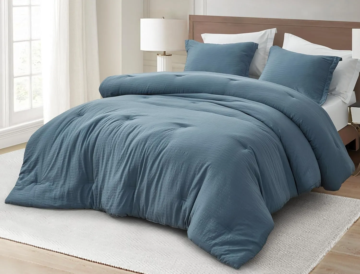 Chezmoi Collection Calvin 3-Piece Jacquard Comforter Set Full Size, Blue Textured Woven Lightweight Comforter Bedding for All Season (1 Comforter 86x86 inches, 2 Shams)