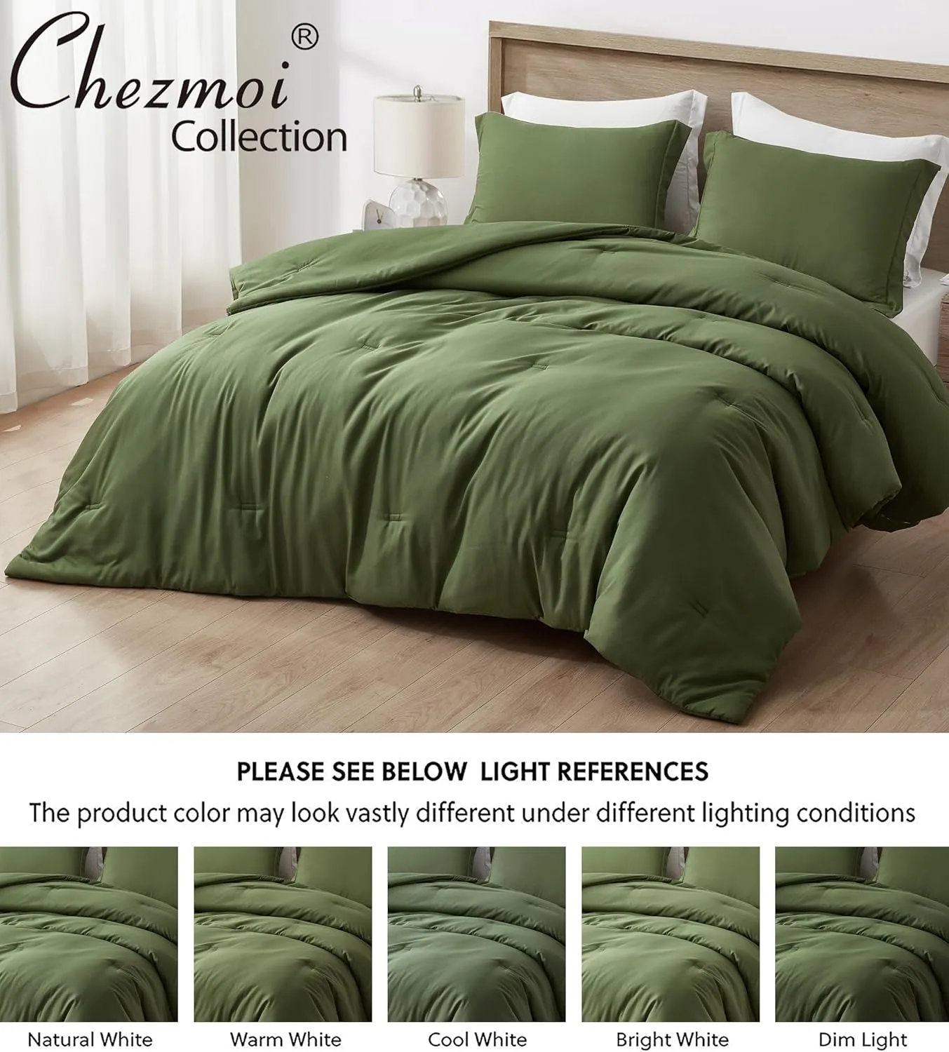 Chezmoi Collection Cliff 3-Piece Lightweight Cooling Comforter Set, Oversized King - Rayon Derived from Bamboo & Polyester Blended, Soft Breathable Bedding for Hot Sleepers, Olive Green