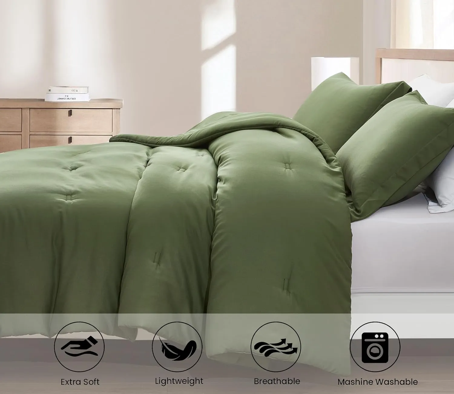 Chezmoi Collection Cliff 3-Piece Lightweight Cooling Comforter Set, Oversized King - Rayon Derived from Bamboo & Polyester Blended, Soft Breathable Bedding for Hot Sleepers, Olive Green