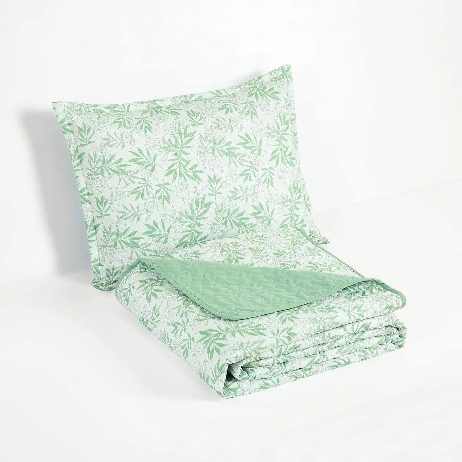 Chezmoi Collection Elder 3-Piece Floral Leaves Quilt Set Queen - Green White Leaves Printed Microfiber Lightweight Bedspread Set for All Season