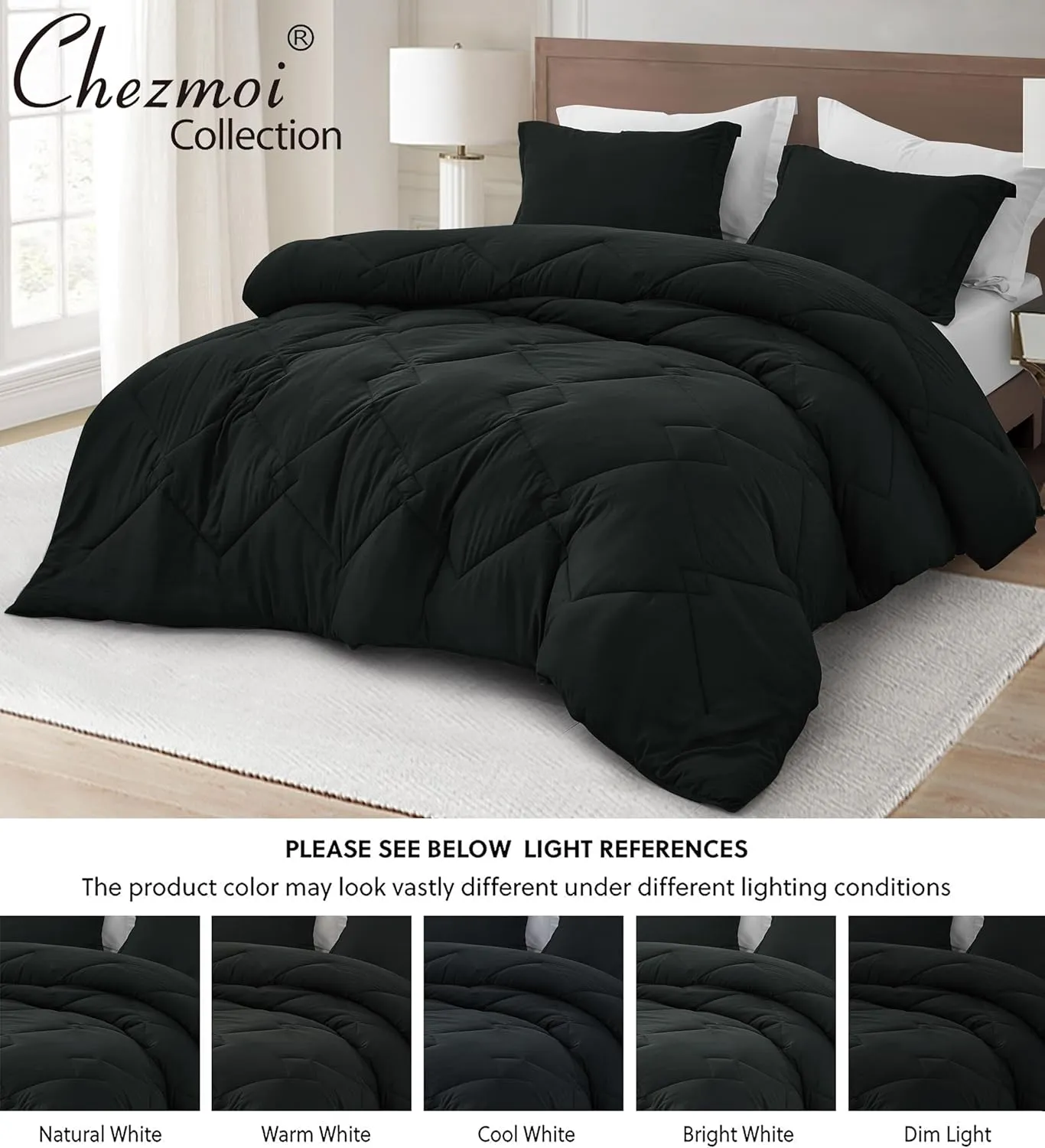 Chezmoi Collection Logan Black Comforter Set King Size 3-Piece Soft Lightweight Stone-Washed Microfiber Comforter Set for All Season (1 Comforter 104x92, 2 Shams)