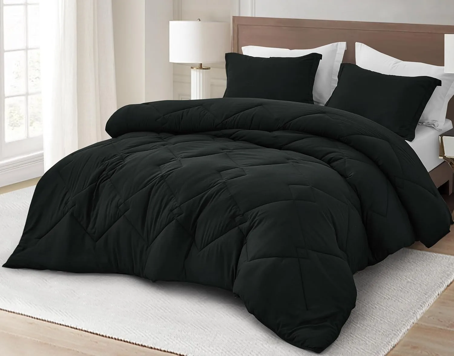 Chezmoi Collection Logan Black Comforter Set Queen Size 3-Piece Soft Lightweight Stone-Washed Microfiber Comforter Set for All Season (1 Comforter 90x92, 2 Shams)