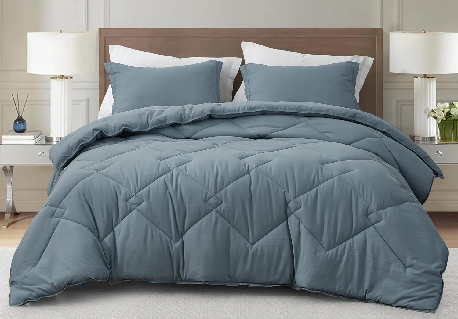 Chezmoi Collection Logan Dusty Blue Comforter Set Queen Size 3-Piece Soft Lightweight Stone-Washed Microfiber Comforter Set for All Season (1 Comforter 90x92, 2 Shams)
