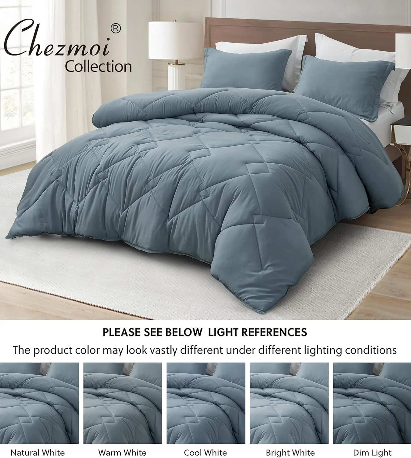 Chezmoi Collection Logan Dusty Blue Comforter Set Queen Size 3-Piece Soft Lightweight Stone-Washed Microfiber Comforter Set for All Season (1 Comforter 90x92, 2 Shams)