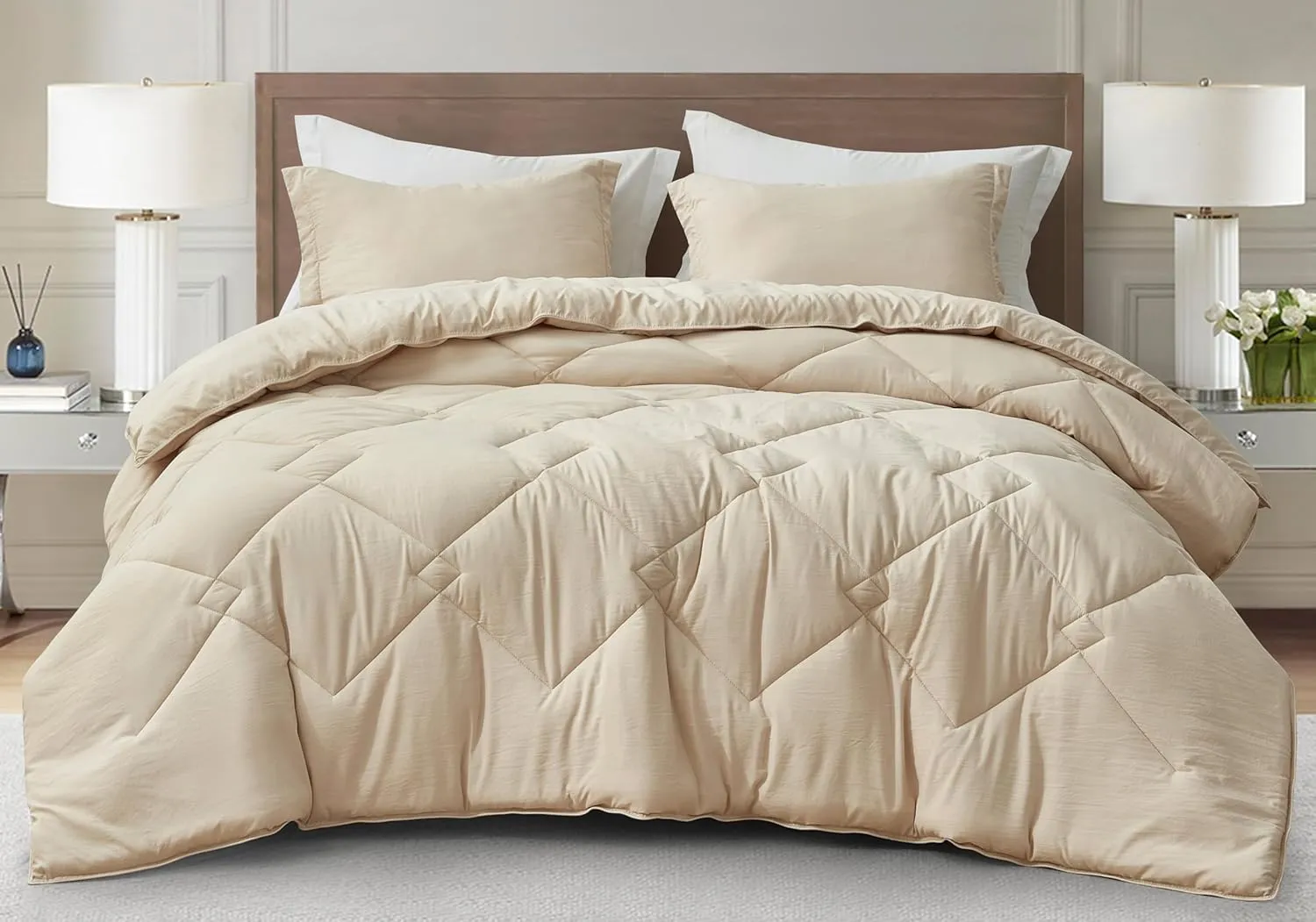 Chezmoi Collection Logan Light Sand Comforter Set King Size 3-Piece Soft Lightweight Stone-Washed Microfiber Comforter Set for All Season (1 Comforter 104x92, 2 Shams)