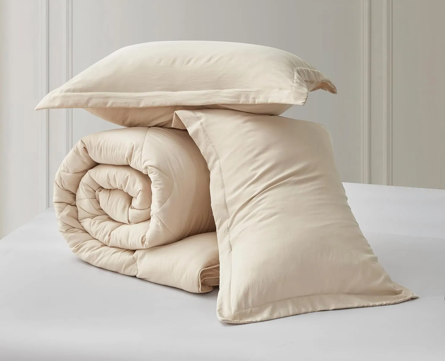 Chezmoi Collection Logan Light Sand Comforter Set King Size 3-Piece Soft Lightweight Stone-Washed Microfiber Comforter Set for All Season (1 Comforter 104x92, 2 Shams)