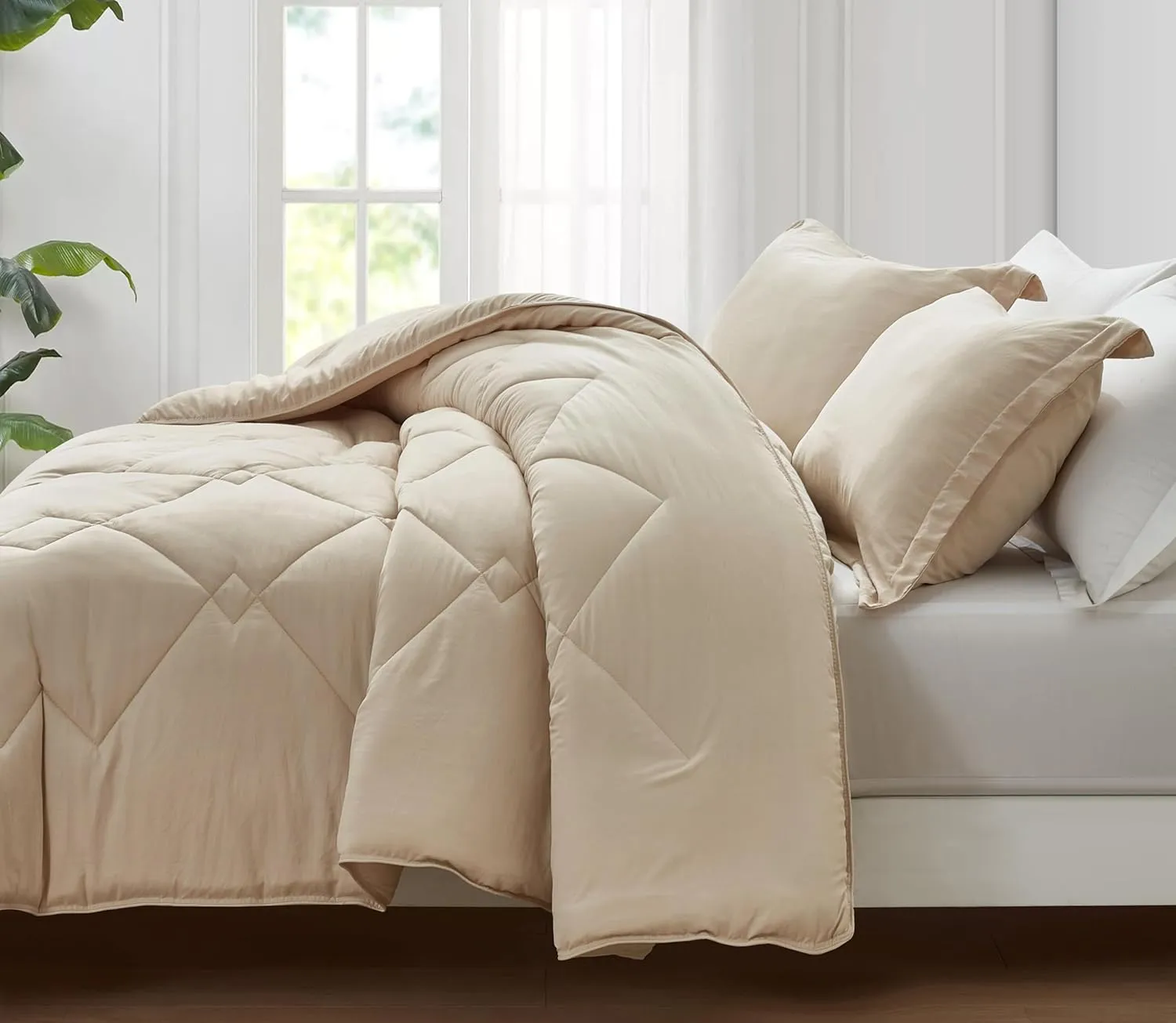Chezmoi Collection Logan Light Sand Comforter Set King Size 3-Piece Soft Lightweight Stone-Washed Microfiber Comforter Set for All Season (1 Comforter 104x92, 2 Shams)