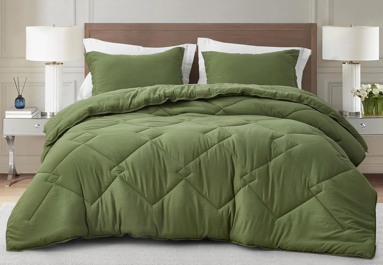 Chezmoi Collection Logan Olive Green Comforter Set King Size 3-Piece Soft Lightweight Stone-Washed Microfiber Comforter Set for All Season (1 Comforter 104x92, 2 Shams)