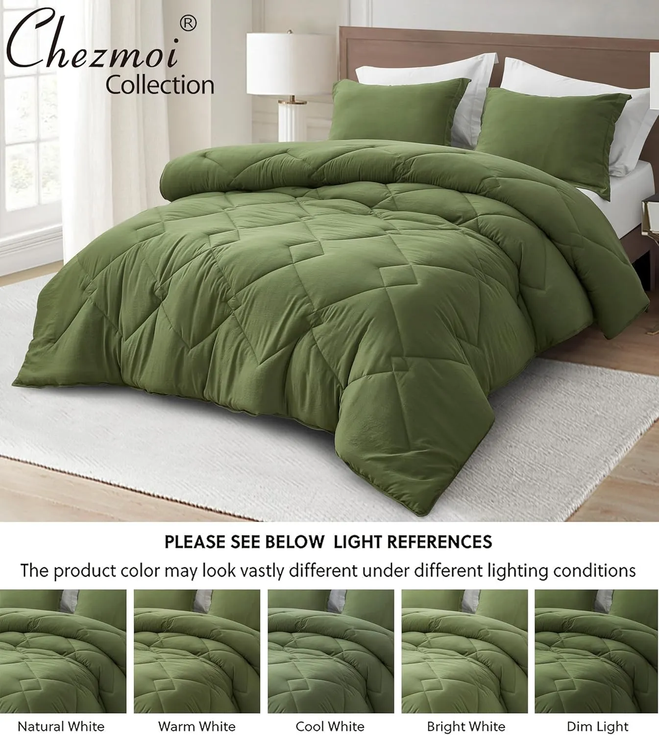 Chezmoi Collection Logan Olive Green Comforter Set King Size 3-Piece Soft Lightweight Stone-Washed Microfiber Comforter Set for All Season (1 Comforter 104x92, 2 Shams)