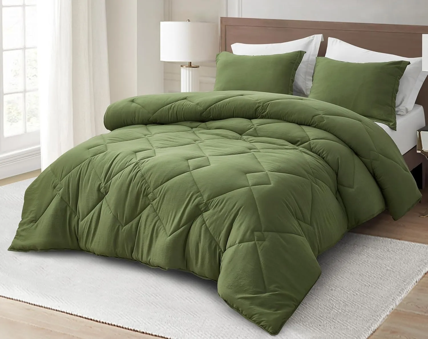 Chezmoi Collection Logan Olive Green Comforter Set King Size 3-Piece Soft Lightweight Stone-Washed Microfiber Comforter Set for All Season (1 Comforter 104x92, 2 Shams)