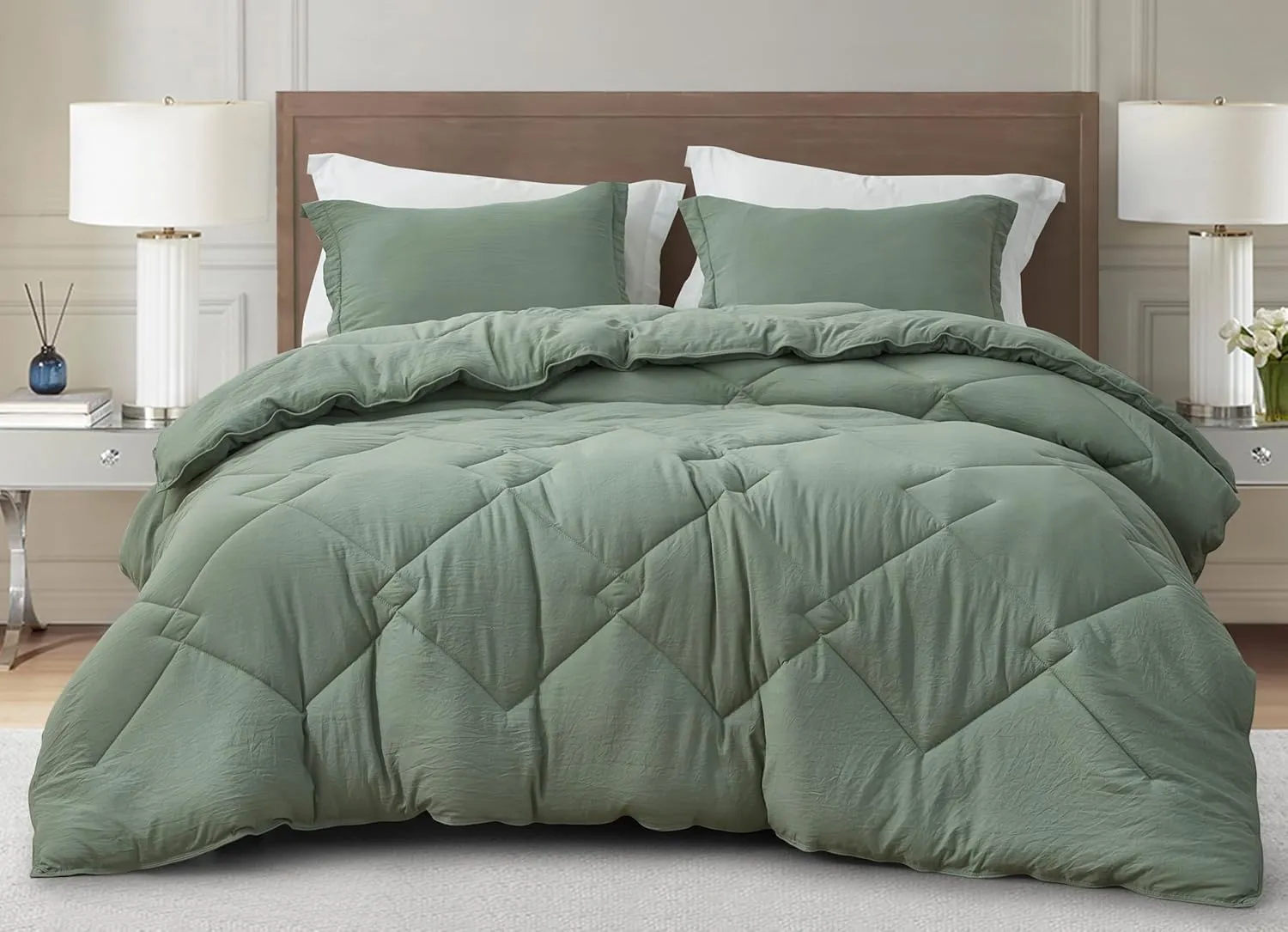 Chezmoi Collection Logan Sage Green Comforter Set Queen Size 3-Piece Soft Lightweight Stone-Washed Microfiber Comforter Set for All Season (1 Comforter 90x92, 2 Shams)