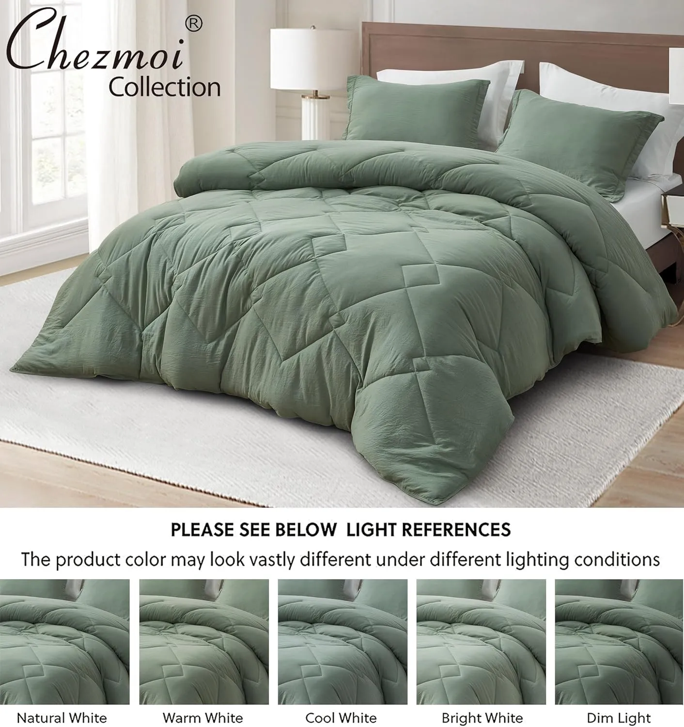 Chezmoi Collection Logan Sage Green Comforter Set Queen Size 3-Piece Soft Lightweight Stone-Washed Microfiber Comforter Set for All Season (1 Comforter 90x92, 2 Shams)