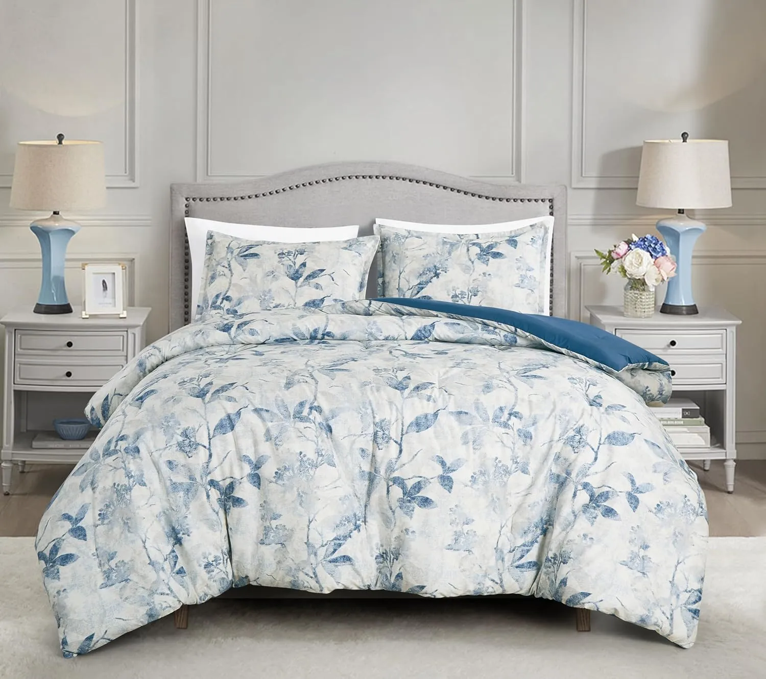 Chezmoi Collection Monica 3-Piece Boho Floral Comforter Set, Queen - Blue Gray White Tropical Flower Textured Printed Microfiber Lightweight Bedding Set