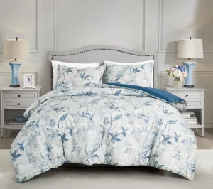 Chezmoi Collection Monica 3-Piece Boho Floral Comforter Set, Queen - Blue Gray White Tropical Flower Textured Printed Microfiber Lightweight Bedding Set
