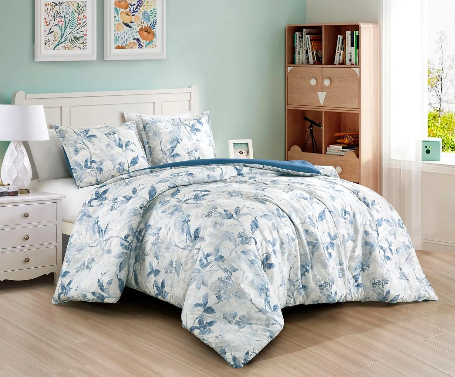 Chezmoi Collection Monica 3-Piece Boho Floral Comforter Set, Queen - Blue Gray White Tropical Flower Textured Printed Microfiber Lightweight Bedding Set