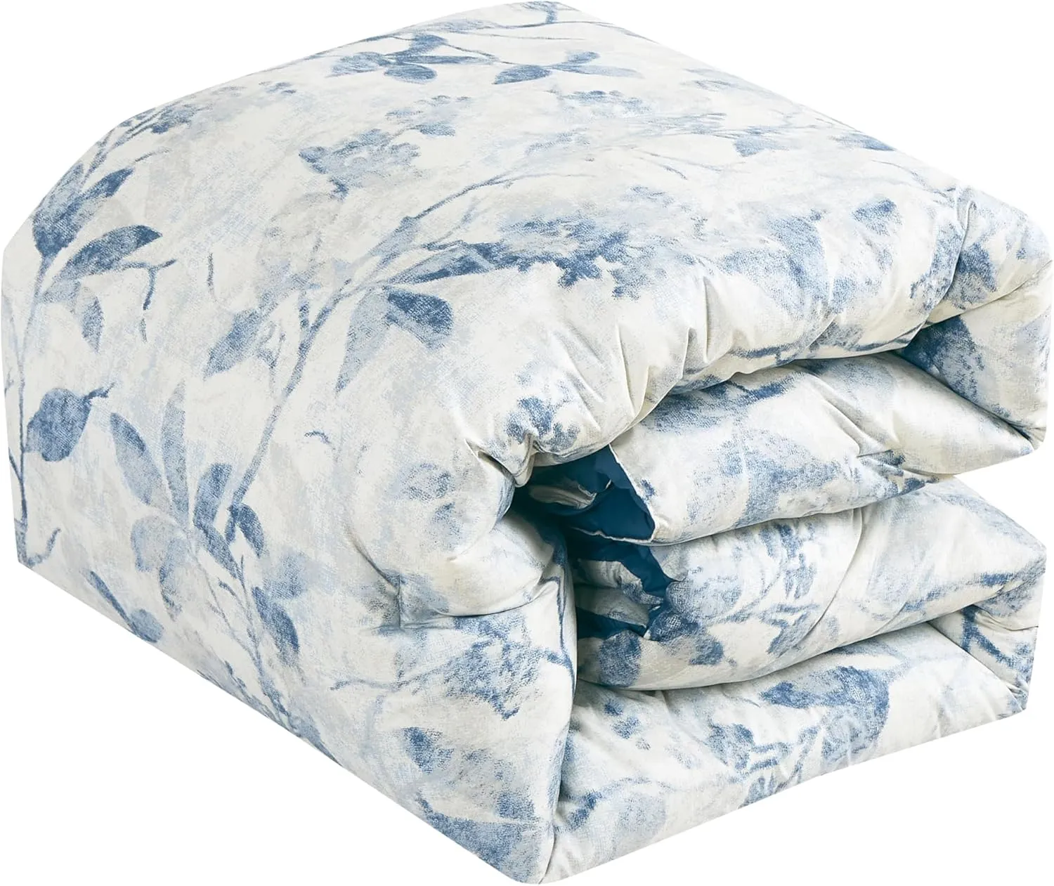 Chezmoi Collection Monica 3-Piece Boho Floral Comforter Set, Queen - Blue Gray White Tropical Flower Textured Printed Microfiber Lightweight Bedding Set