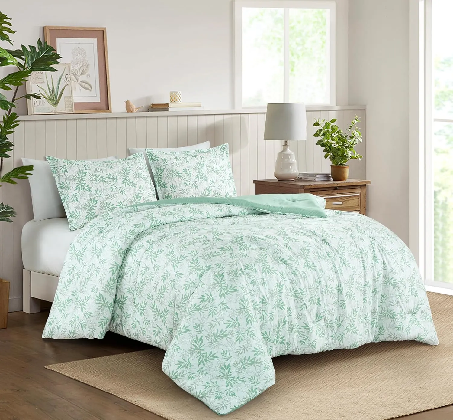Chezmoi Collection Venus 3-Piece Floral Leaves Comforter Set Queen - Green White Leaves Printed Microfiber Lightweight Bedding Set for All Season