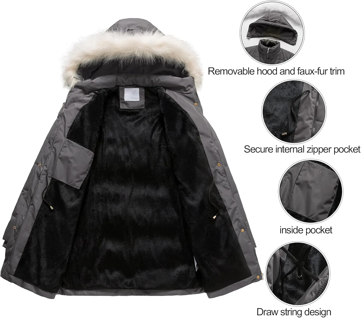 Chrisuno Women's Winter Warm Coats Puffer Jacket Long Drawstring Waterproof Snow Parka With Removable Faux Fur Trim Hood