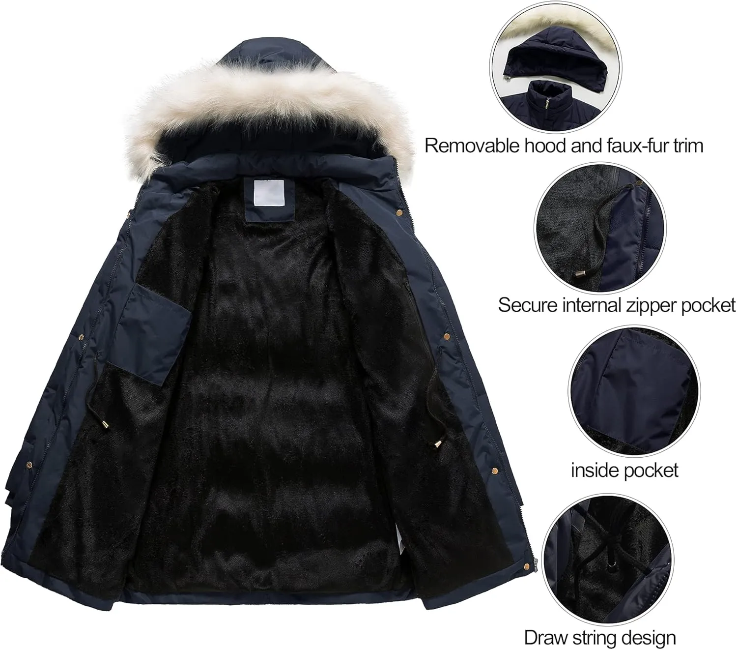 Chrisuno Women's Winter Warm Coats Puffer Jacket Long Drawstring Waterproof Snow Parka With Removable Faux Fur Trim Hood