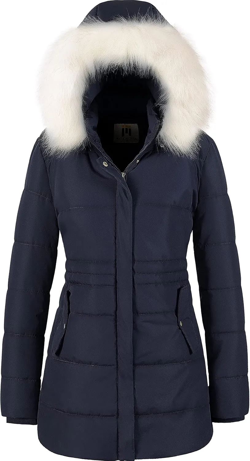 Chrisuno Women's Winter Warm Coats Puffer Jacket Long Drawstring Waterproof Snow Parka With Removable Faux Fur Trim Hood