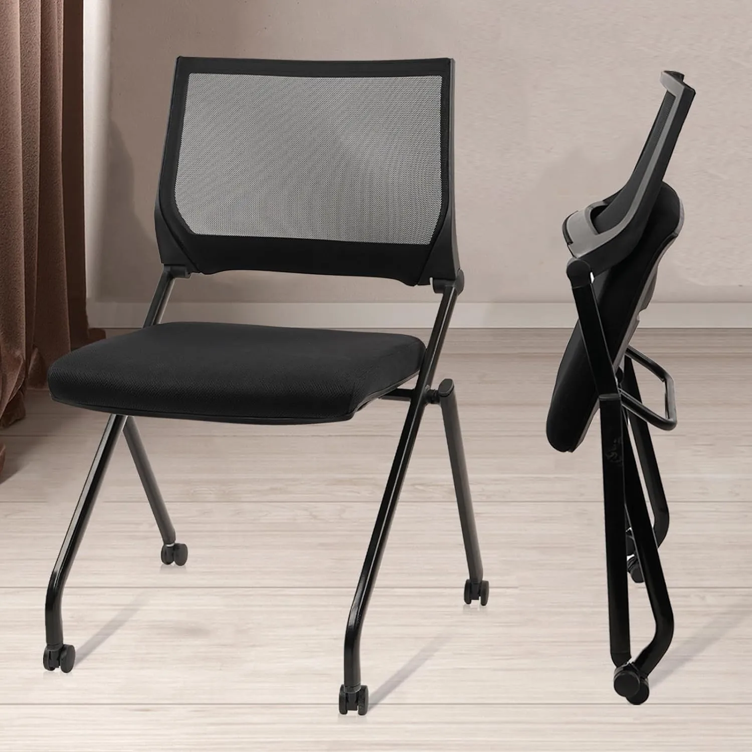 CLATINA Stackable & Foldable Conference Room Chairs, Waiting Room Chairs with Wheels & Lumbar Support, Ergonomic Mesh Bouncing Back Folding Chair, for Office Meeting Schools Training, Black