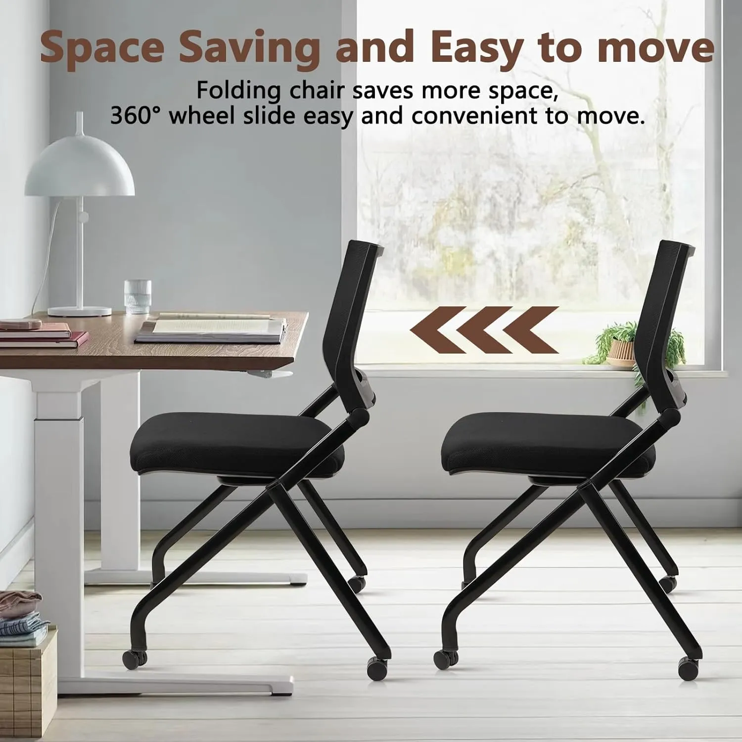 CLATINA Stackable & Foldable Conference Room Chairs, Waiting Room Chairs with Wheels & Lumbar Support, Ergonomic Mesh Bouncing Back Folding Chair, for Office Meeting Schools Training, Black