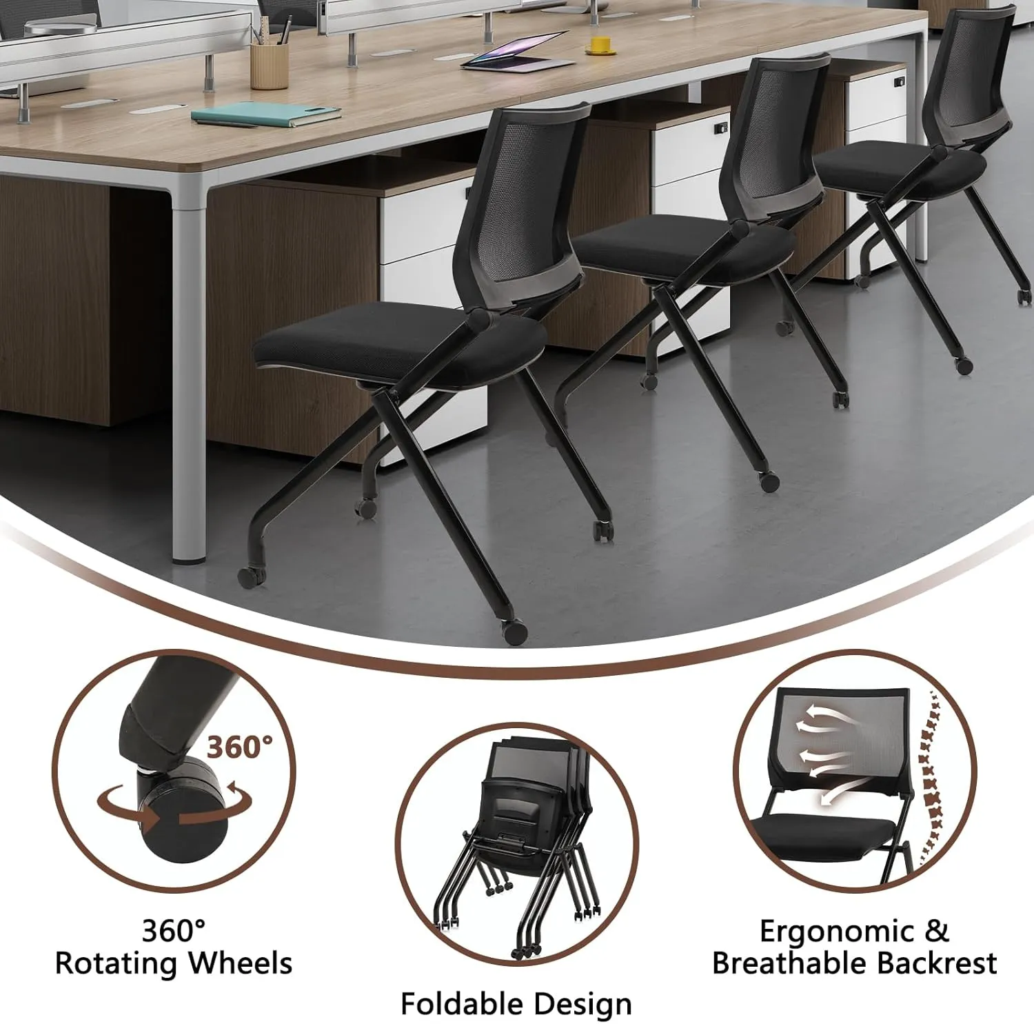 CLATINA Stackable & Foldable Conference Room Chairs, Waiting Room Chairs with Wheels & Lumbar Support, Ergonomic Mesh Bouncing Back Folding Chair, for Office Meeting Schools Training, Black