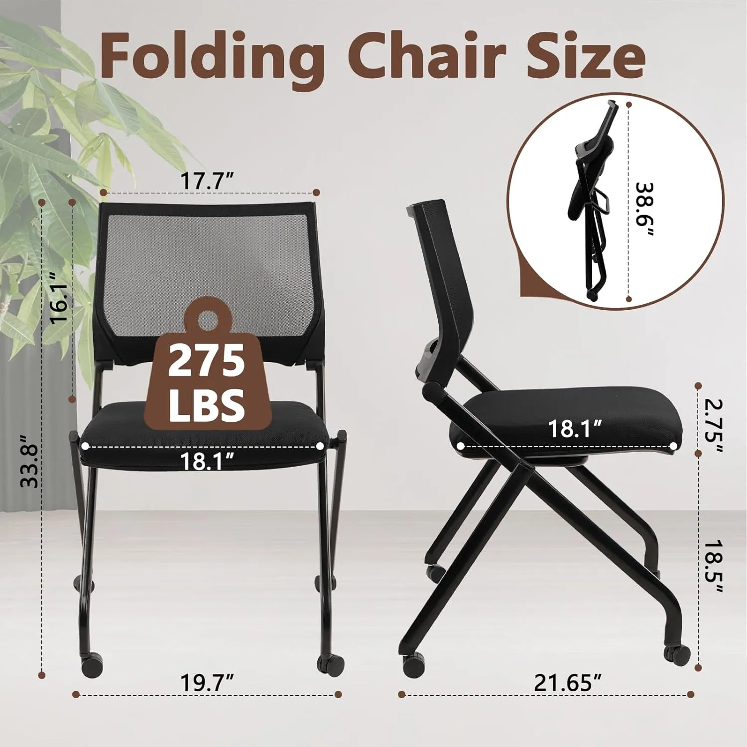 CLATINA Stackable & Foldable Conference Room Chairs, Waiting Room Chairs with Wheels & Lumbar Support, Ergonomic Mesh Bouncing Back Folding Chair, for Office Meeting Schools Training, Black