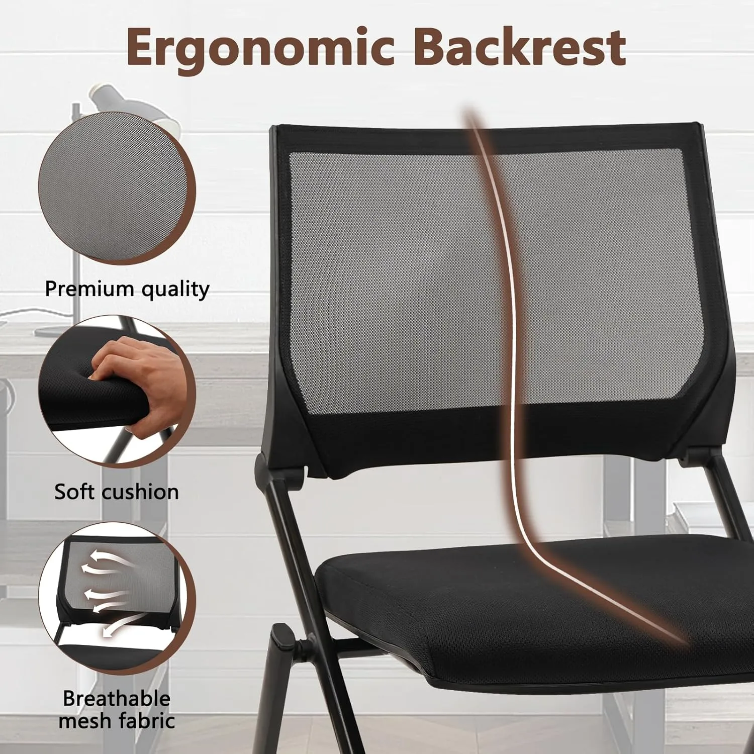 CLATINA Stackable & Foldable Conference Room Chairs, Waiting Room Chairs with Wheels & Lumbar Support, Ergonomic Mesh Bouncing Back Folding Chair, for Office Meeting Schools Training, Black