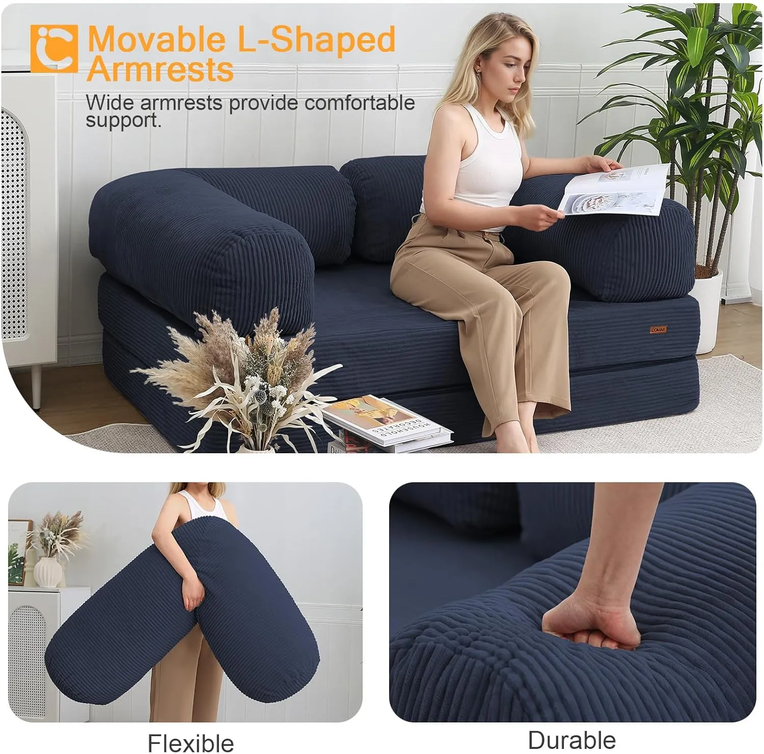 COMAX Folding Sofa Bed Queen, 4-in-1 Foldable Floor Couch Convertible Futon Sofa with Armrests Sleeper Mattress Chair Bed Comfy Portable Fold Out Lounge Guest for Living Room Bedroom, Dark Blue