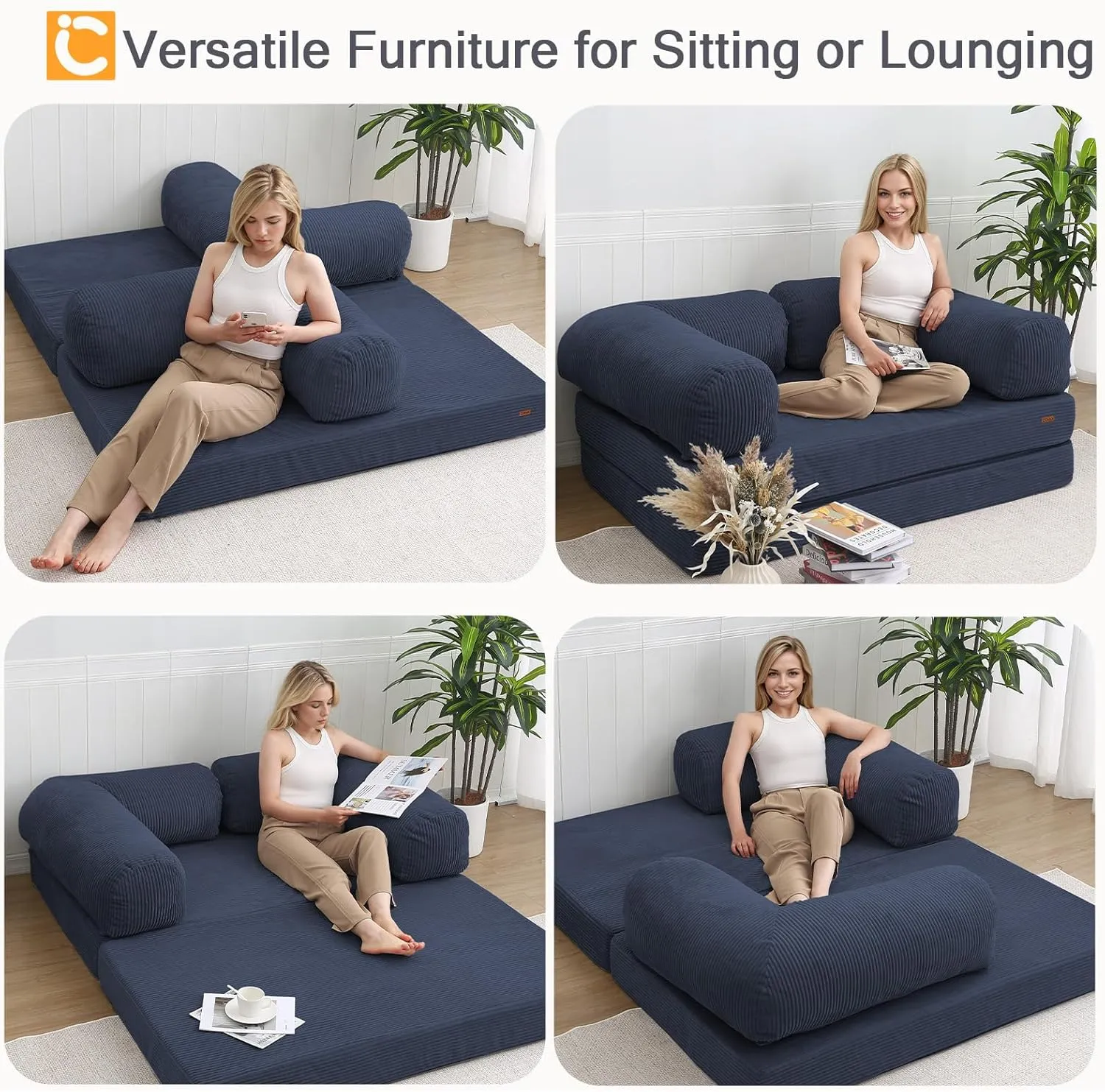 COMAX Folding Sofa Bed Queen, 4-in-1 Foldable Floor Couch Convertible Futon Sofa with Armrests Sleeper Mattress Chair Bed Comfy Portable Fold Out Lounge Guest for Living Room Bedroom, Dark Blue