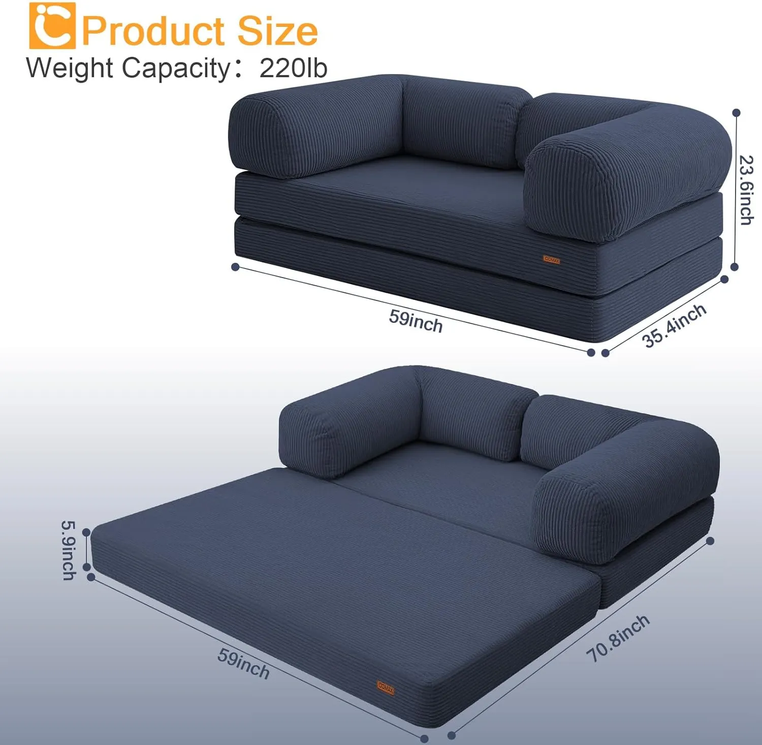 COMAX Folding Sofa Bed Queen, 4-in-1 Foldable Floor Couch Convertible Futon Sofa with Armrests Sleeper Mattress Chair Bed Comfy Portable Fold Out Lounge Guest for Living Room Bedroom, Dark Blue