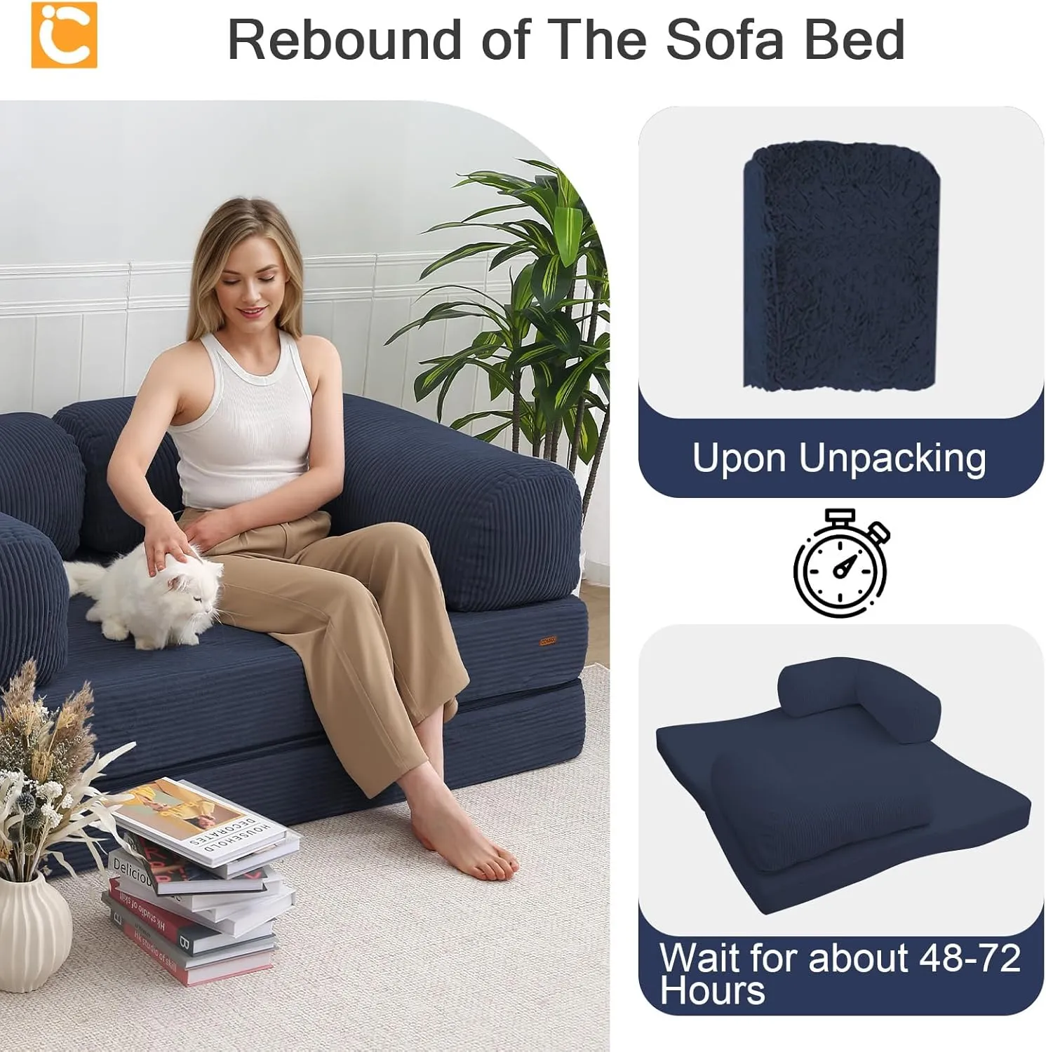 COMAX Folding Sofa Bed Queen, 4-in-1 Foldable Floor Couch Convertible Futon Sofa with Armrests Sleeper Mattress Chair Bed Comfy Portable Fold Out Lounge Guest for Living Room Bedroom, Dark Blue