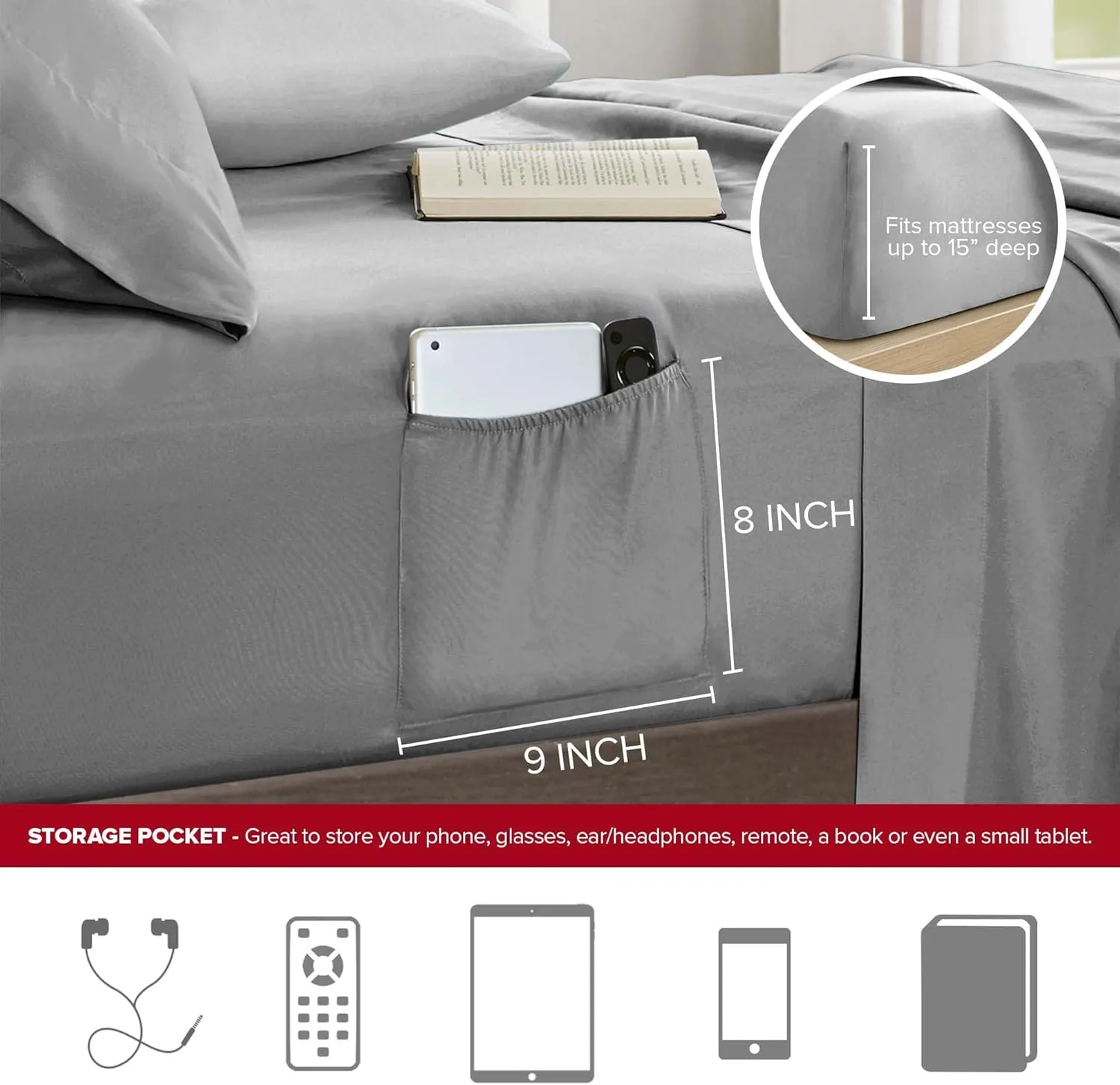 Comfort Spaces Comforter Sets with Sheets - Bed in a Bag 9 Pieces Teen Bedding Sets , Red and Grey Stripes Bedding Full, College Full Bed Set with 2 Side Pockets Bedroom Organizer