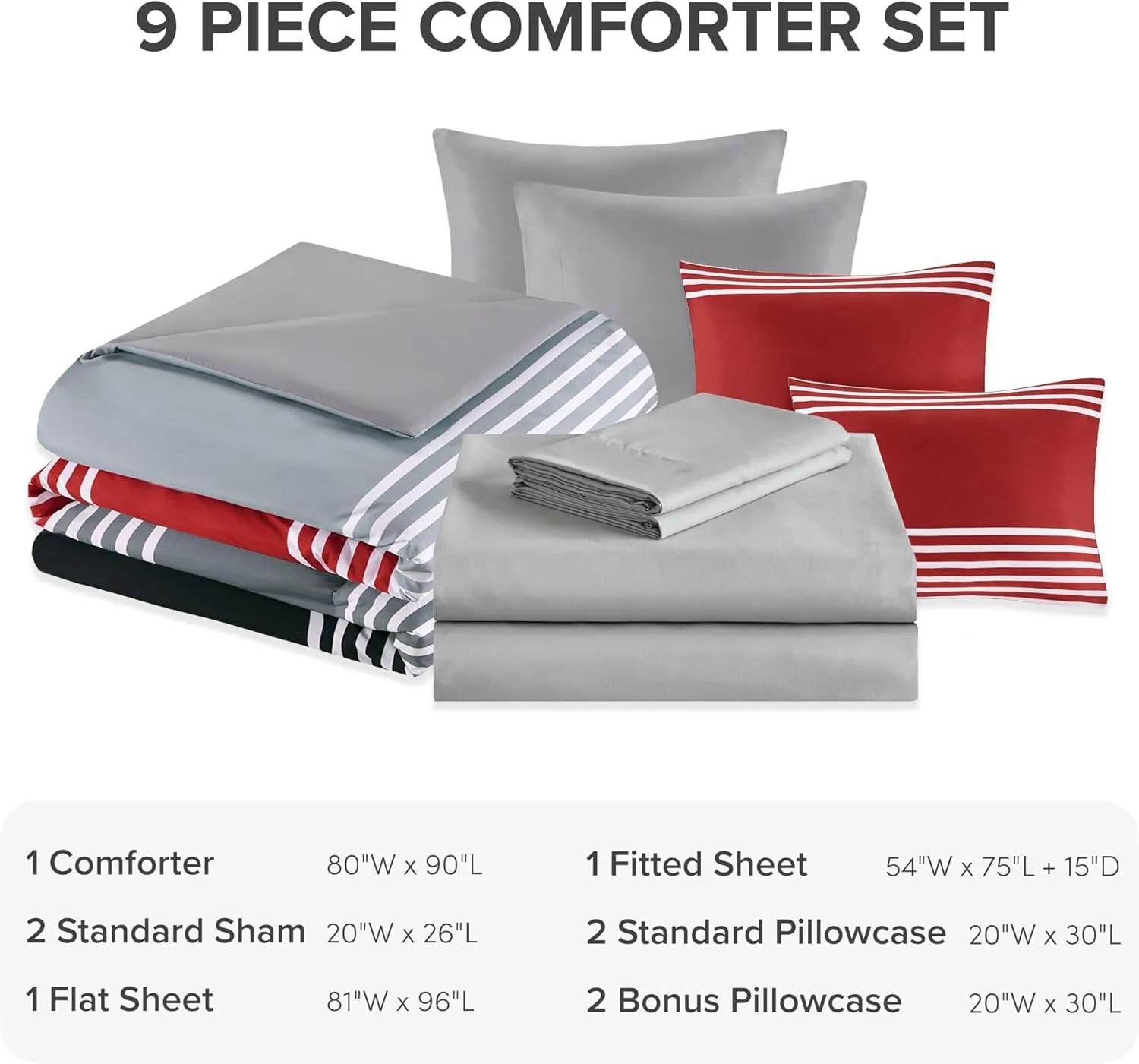 Comfort Spaces Comforter Sets with Sheets - Bed in a Bag 9 Pieces Teen Bedding Sets , Red and Grey Stripes Bedding Full, College Full Bed Set with 2 Side Pockets Bedroom Organizer