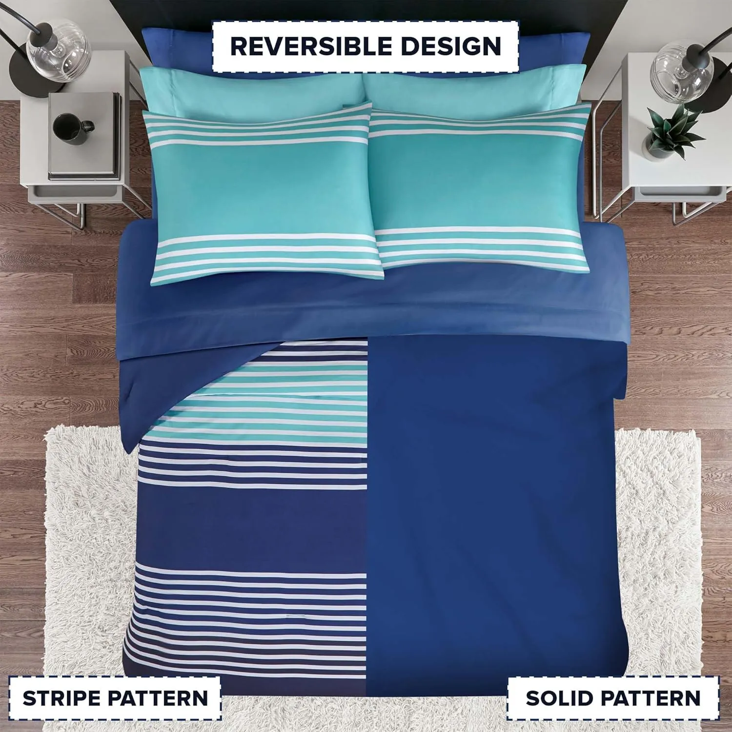 Comfort Spaces Queen Comforter Set with Sheets - Bed in a Bag 9 Pieces Teen Bedding Set, Navy and Grey Stripes, College Style, 2 Side Pocket Bedroom Organizer