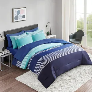 Comfort Spaces Queen Comforter Set with Sheets - Bed in a Bag 9 Pieces Teen Bedding Set, Navy and Grey Stripes, College Style, 2 Side Pocket Bedroom Organizer