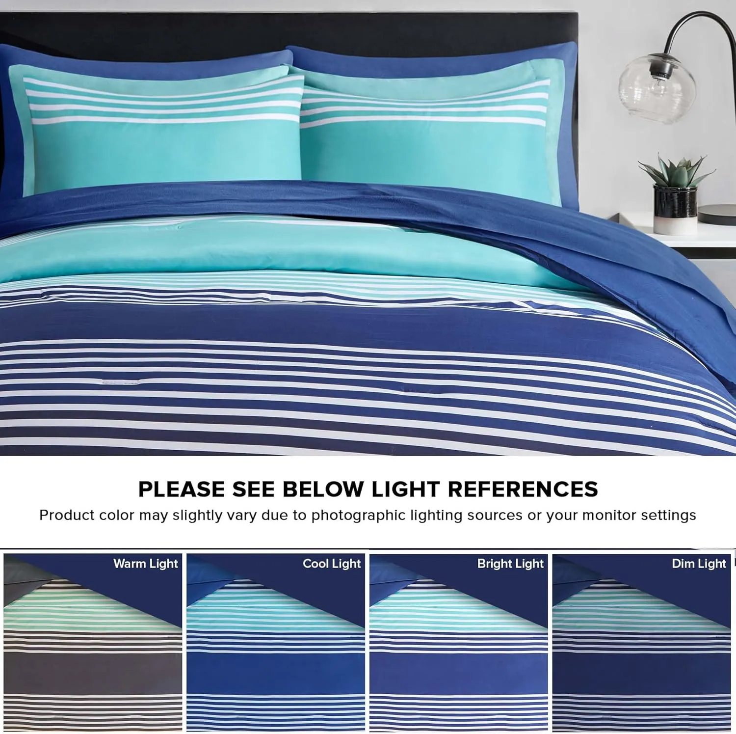 Comfort Spaces Queen Comforter Set with Sheets - Bed in a Bag 9 Pieces Teen Bedding Set, Navy and Grey Stripes, College Style, 2 Side Pocket Bedroom Organizer