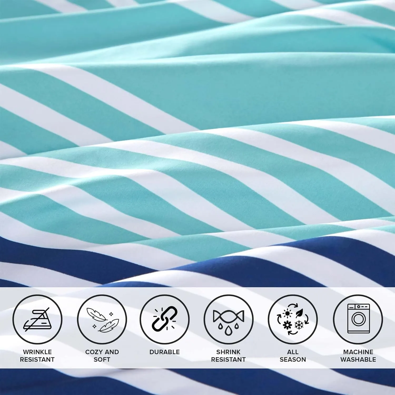 Comfort Spaces Queen Comforter Set with Sheets - Bed in a Bag 9 Pieces Teen Bedding Set, Navy and Grey Stripes, College Style, 2 Side Pocket Bedroom Organizer