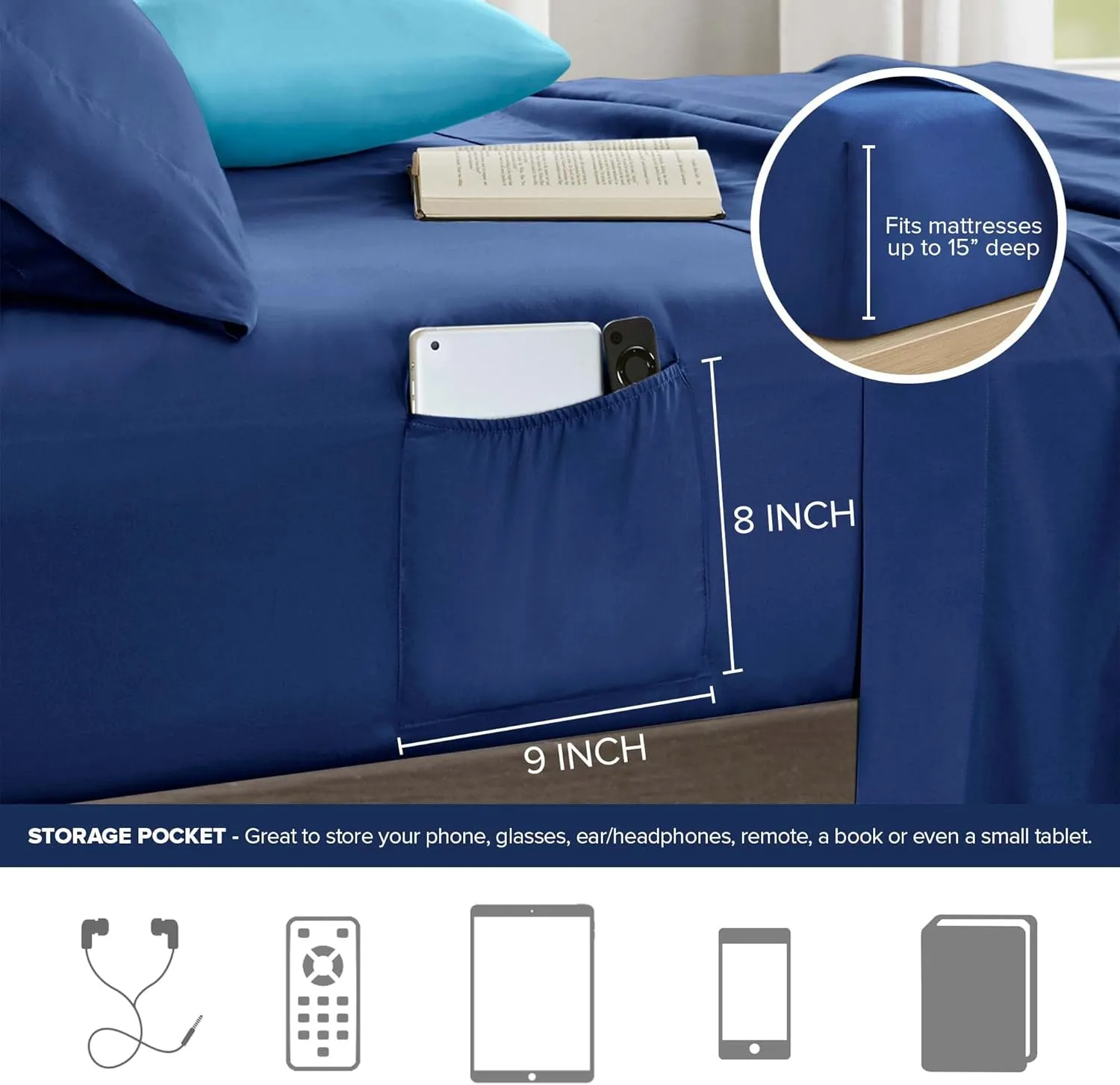 Comfort Spaces Queen Comforter Set with Sheets - Bed in a Bag 9 Pieces Teen Bedding Set, Navy and Grey Stripes, College Style, 2 Side Pocket Bedroom Organizer