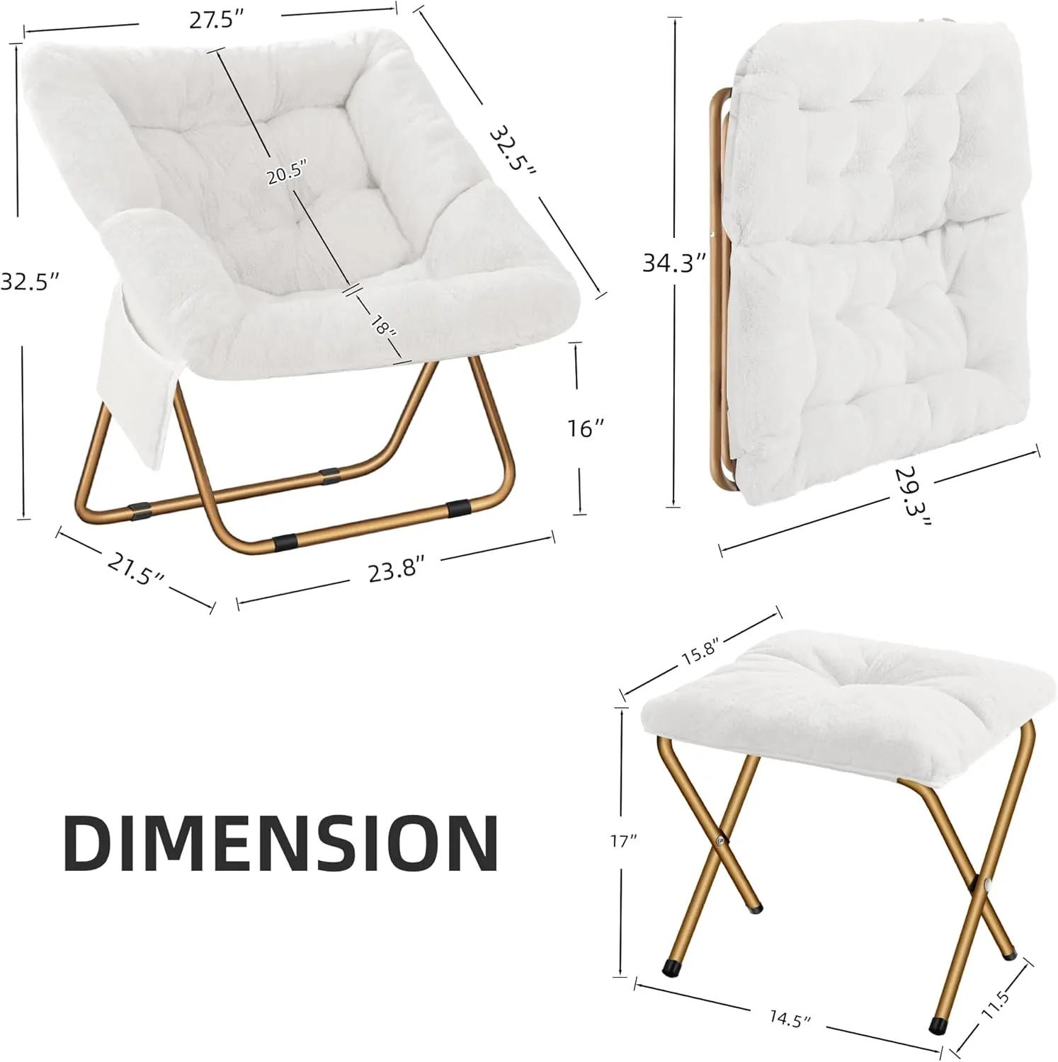 Comfy Saucer Chair, Foldable Living Room Chairs, Soft Faux Fur Lounge Chair for Bedroom, Reading Chairs for Adults, Kids, X-Large (White)