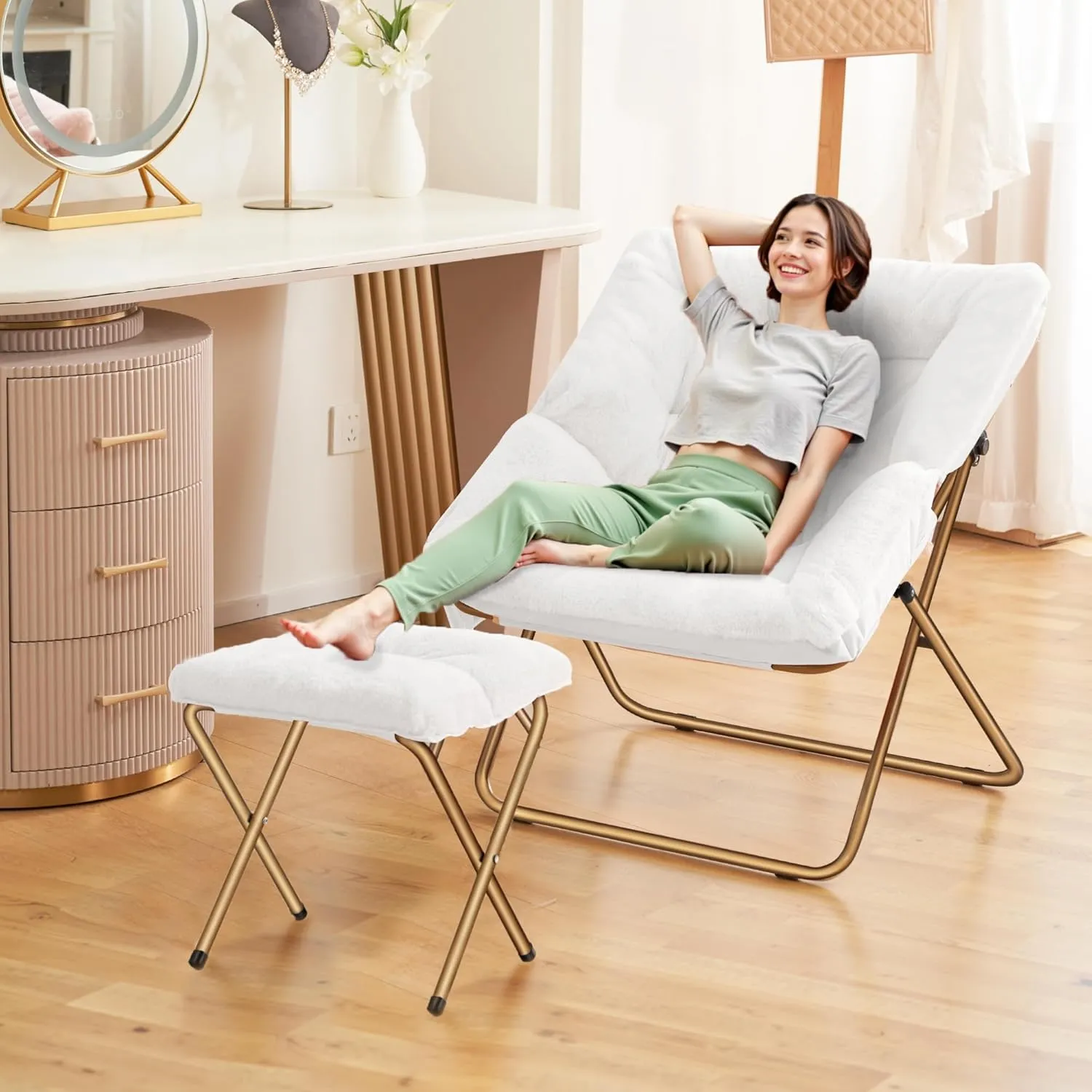 Comfy Saucer Chair, Foldable Living Room Chairs, Soft Faux Fur Lounge Chair for Bedroom, Reading Chairs for Adults, Kids, X-Large (White)